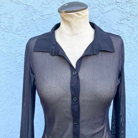 Black Sheer Shirt Mesh Small Top club kid rave Y2k - Picture 2 of 7